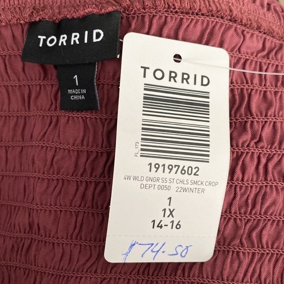 Torrid - Stretch Challis Smocked Puff Sleeve Crop Top in "Wild Ginger Burgundy"  - Picture 7 of 13